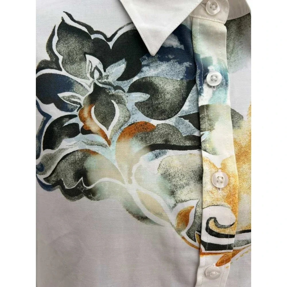 Chico's Size 3 US 16 White Watercolor Floral Button Down Shirt Artsy Boho Top
